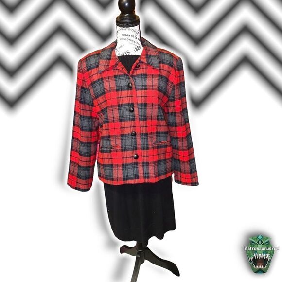 VINTAGE 1990’s Quirky Twee Tartan Plaid Wool 49er Style Blazer Jacket, Size 12P - Picture 8 of 10